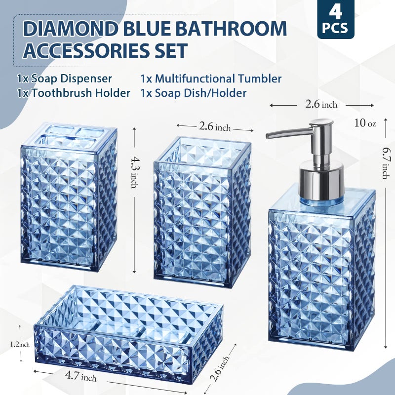 RYTOXILO Bathroom Accessories Set, 4 Pack Blue Acrylic Bath Accessory Sets Complete, Diamond Soap Dispenser and Toothbrush Holder Bathroom Counter Sink Set, Boho Modern Bathroom Decor - Image 2